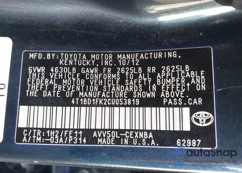 2012 Toyota Camry Hybrid Le/Xle из США, поврежденный, VIN 4T1BD1FK2CU053819